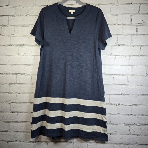 WOMENS COTTON BLEU A-LINE SHIFT DRESS BLUE GRAY STRIPE V NECK SIZE SMALL - Picture 1 of 7